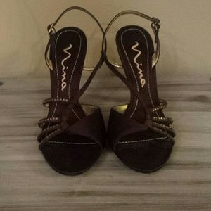 Chocolate brown heels, with gold detail